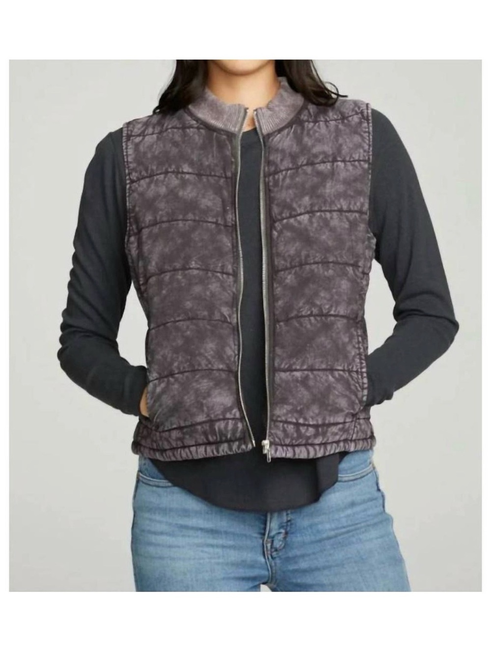 NWT Chaser Quilted Zip Up Vest Black Cloud Wash layers cozy travel Vibes Sz M
